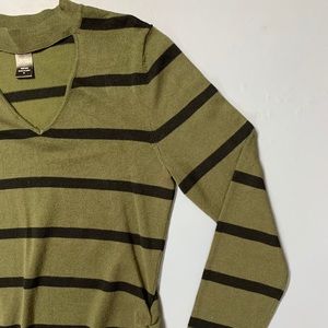 army green long sleeve, black striped top
